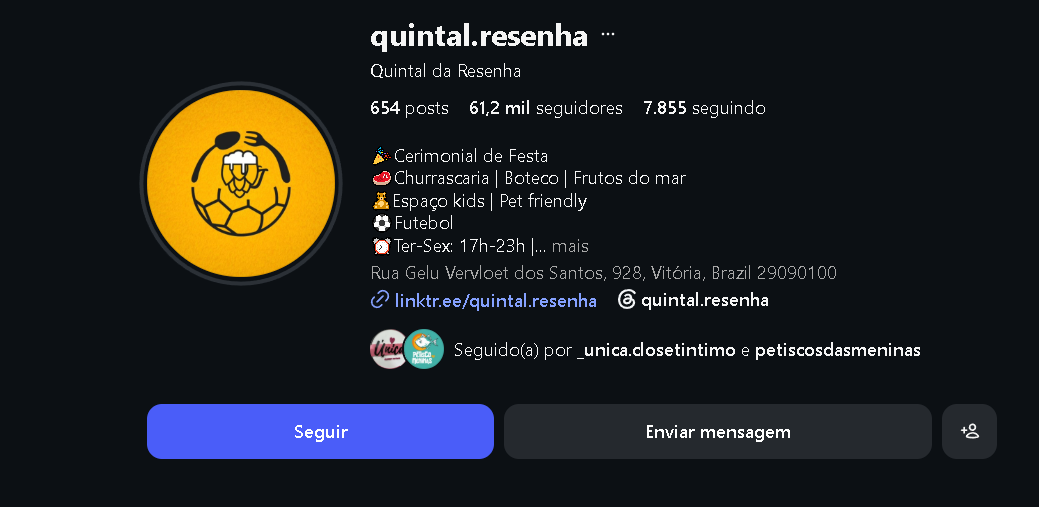 Perfil do Quintal da Resenha no Instagram